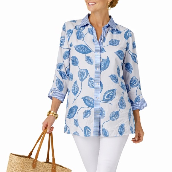 Gretchen Scott Designs Tops - Gretchen Scott blue and white button shirt tunic cotton 3/4 sleeve Size XS